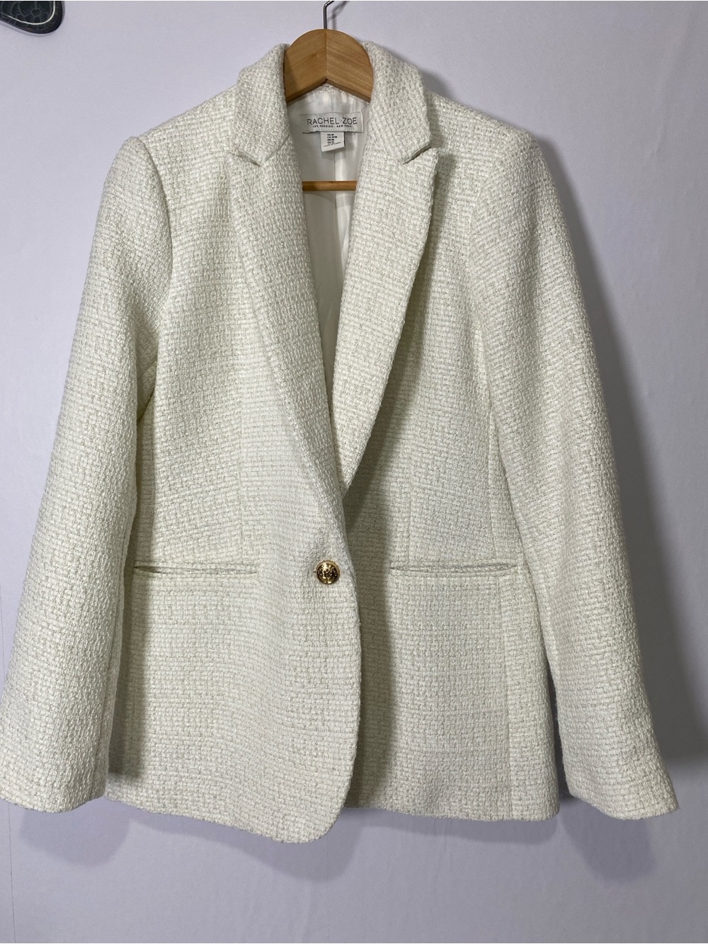 Elegant Rachel Zoe White/Cream Single-breasted Tweed Blazer Jacket Medium